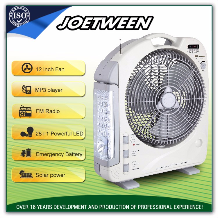 Teyoza 12 inch portable solar rechargeable fan with LED light and media system