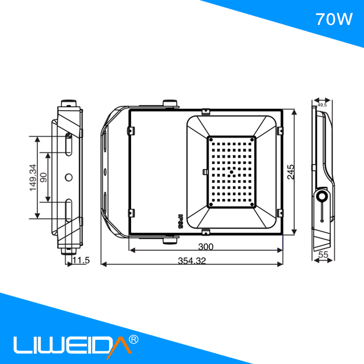 Slim Waterproof Outdoor Stadium Aluminum Housing 70W Dimmable Warm White 4000K Led Flood Light