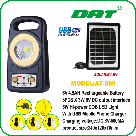 AT-990 mini specification solar home system with bulb and USB charger solar emergency power kits