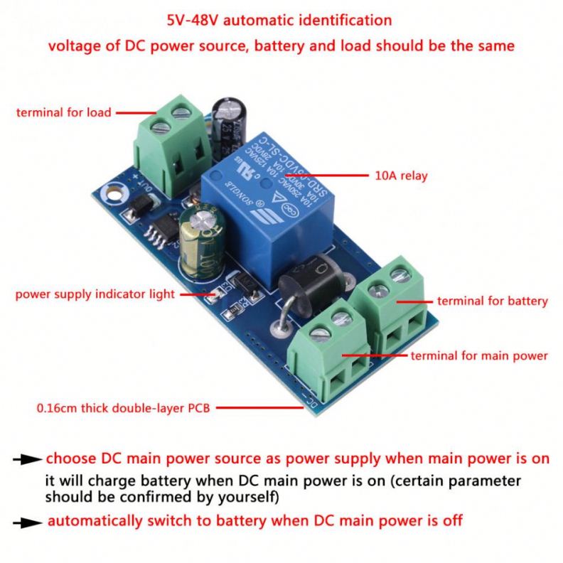 5V~48V 10A Battery Automatic Switch Module Emergency Controller Undervoltage Protection Board