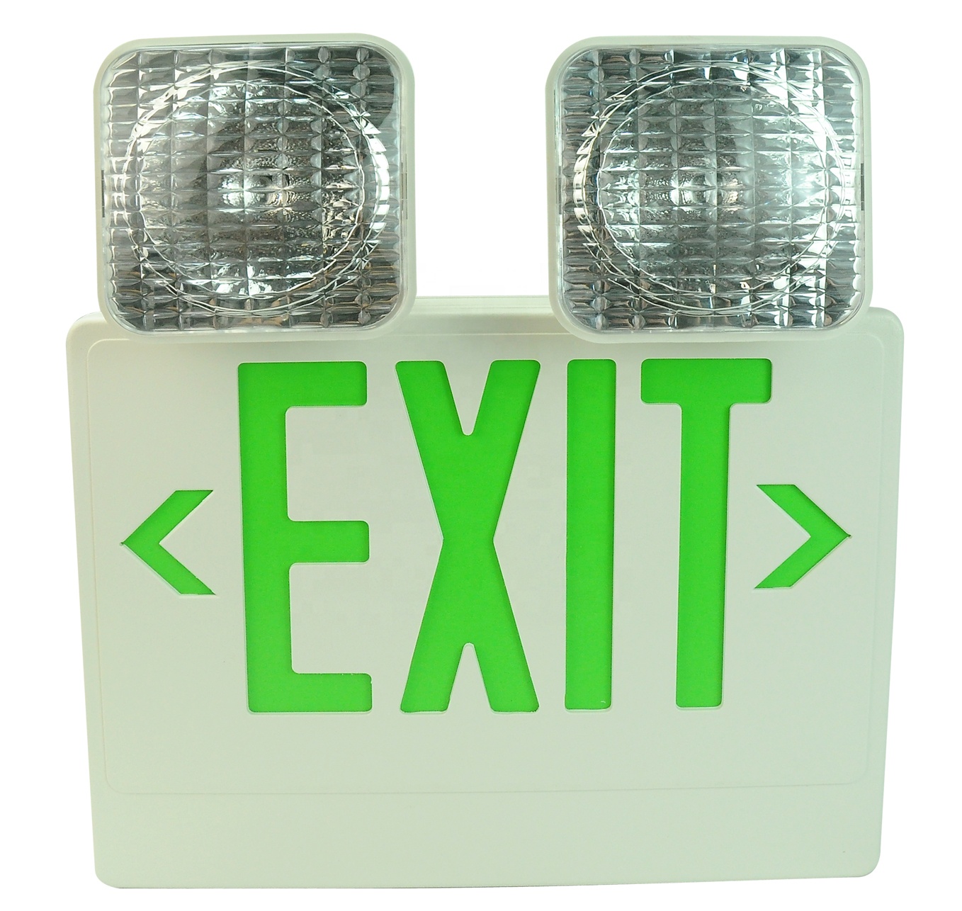 Green Compact Combo Exit Sign Emergency Lamp Single/Double Sided With Dual Head Lights Plus Back Up Battery Pack, Fire Resistant
