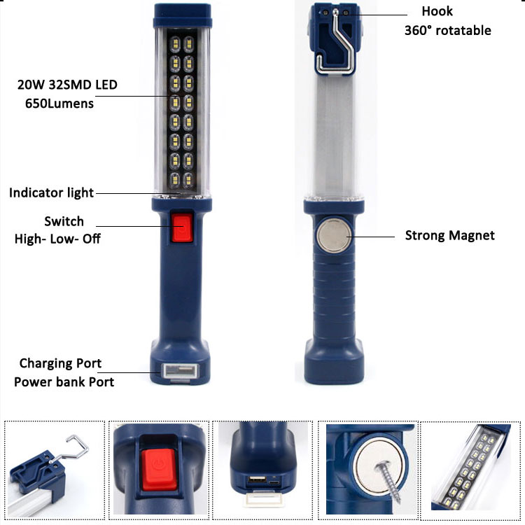 32 SMD LED Work Lamp Hand Held Rechargeable Led Working Light 2019 Recharge Led Work Lights