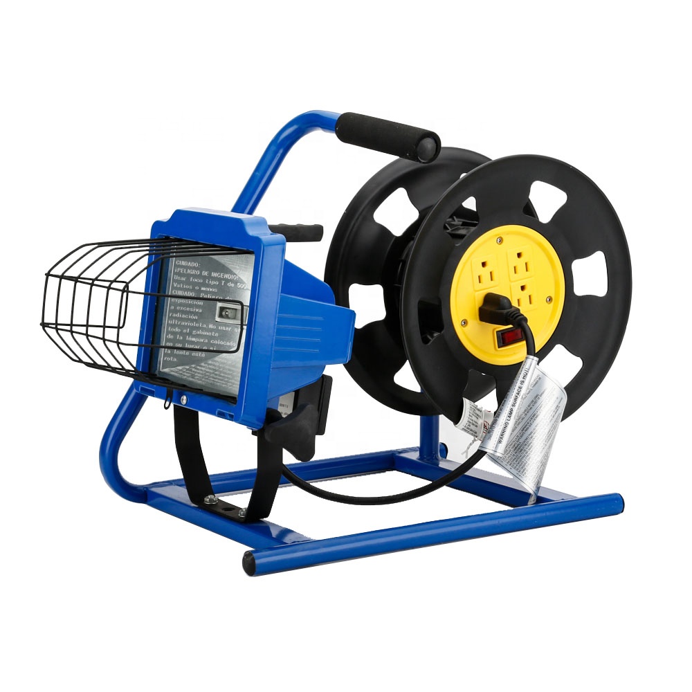 500W Combo Halogen Flood Light With Cable Reel, includes an off/on rocker switch and 4 receptacles