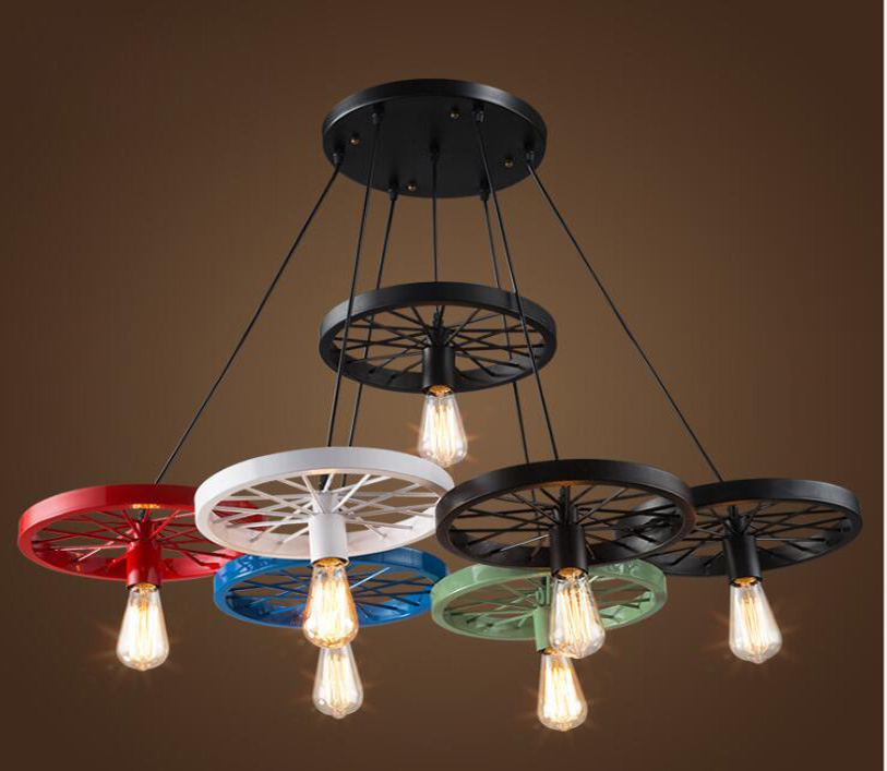 Colourful Retro Bike Lights Cluster Chandelier Vintage Rustic Arts Bicycle Wheel Pendant Lamp
