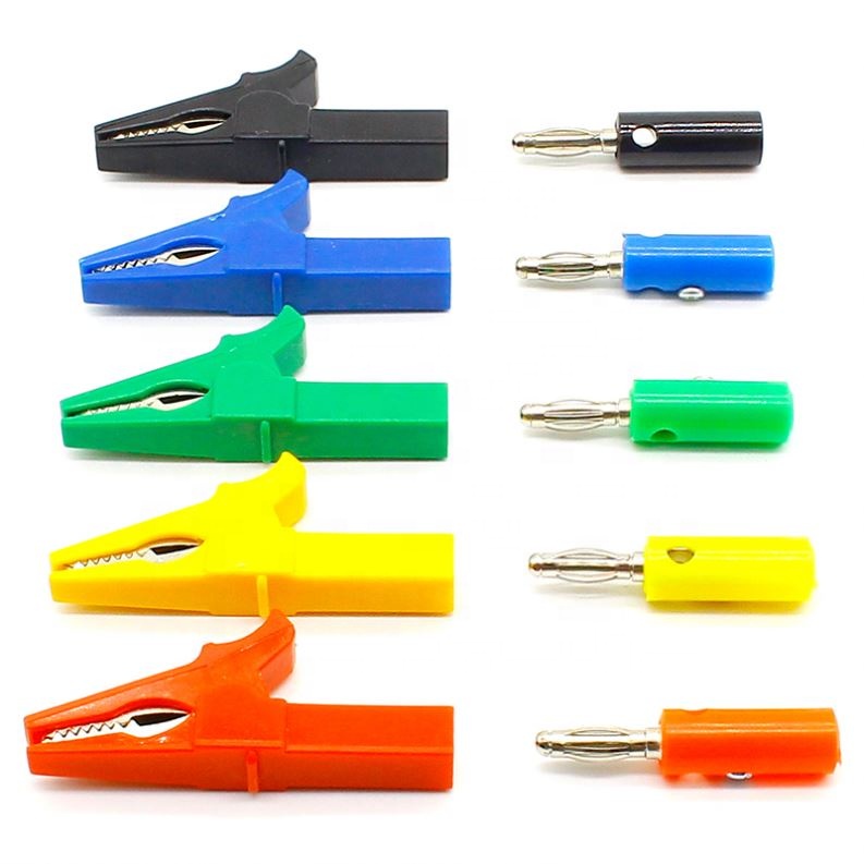 55MM Alligator clip + BANANA PLUG, test probe with 4mm Banana Plug Cable Clips red black blue yellow green