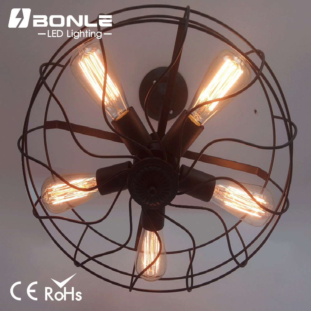 Industrial Rustic Vintage Fan Ceiling Lamp E27 5 Edison Bulbs Iron Black Light Retro Style For Loft Dining Room Bar