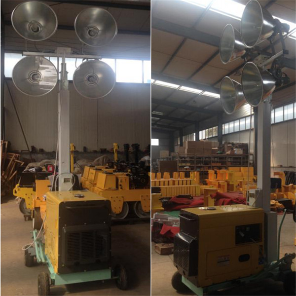 Road construction vehicle mounted light tower with generator