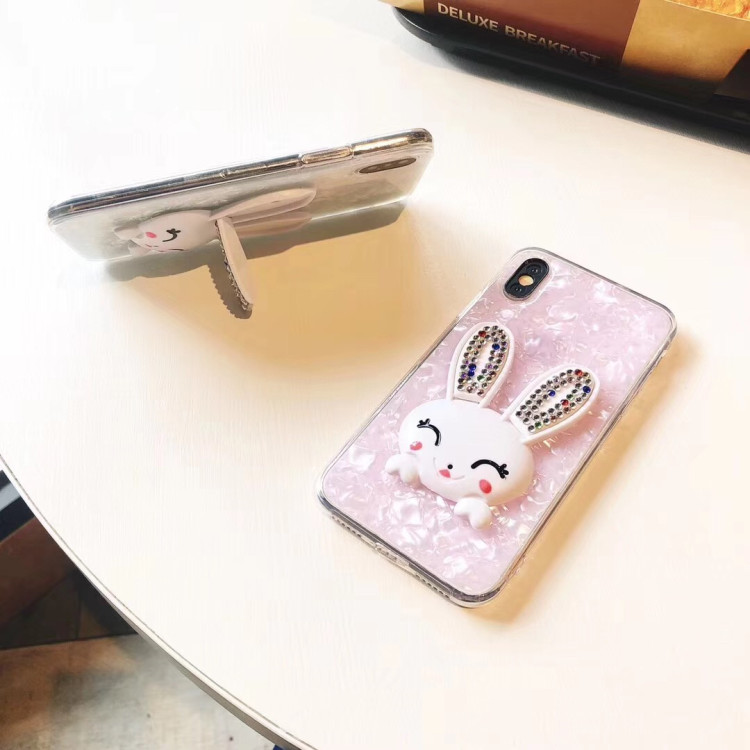Diamond Pattern Soft TPU Phone Case with Rabbit Stand Holder for iPhone Xs Max X 8 7 6 Plus