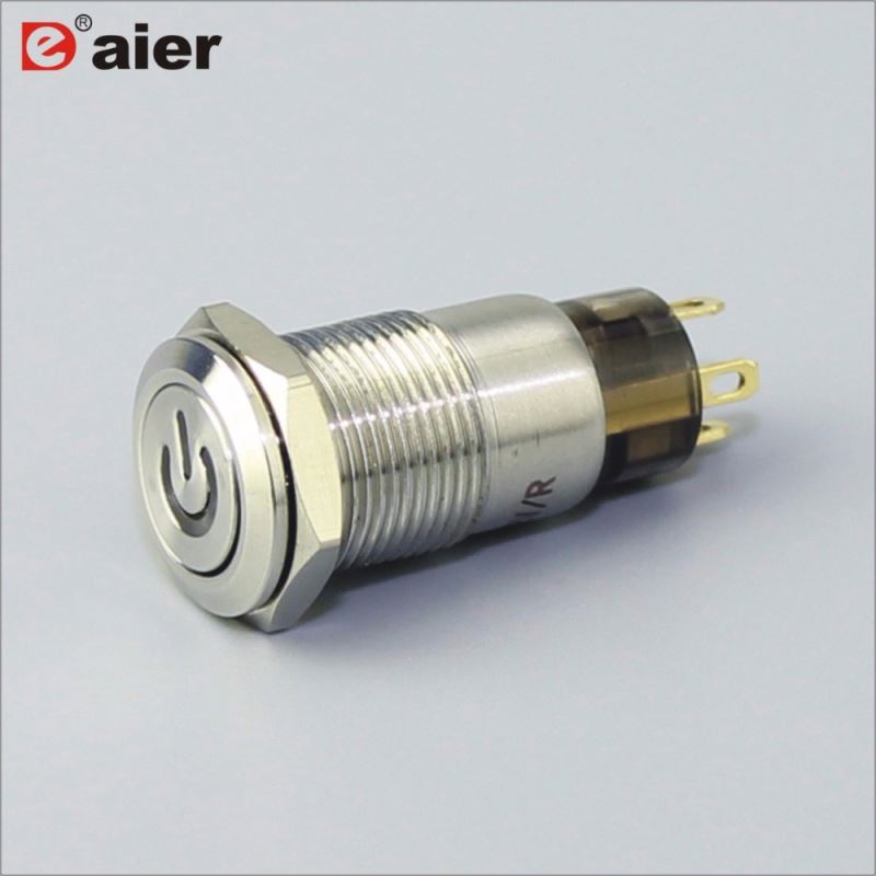 12mm Latching Flat Button Metal Push Button Switch With Power Logo