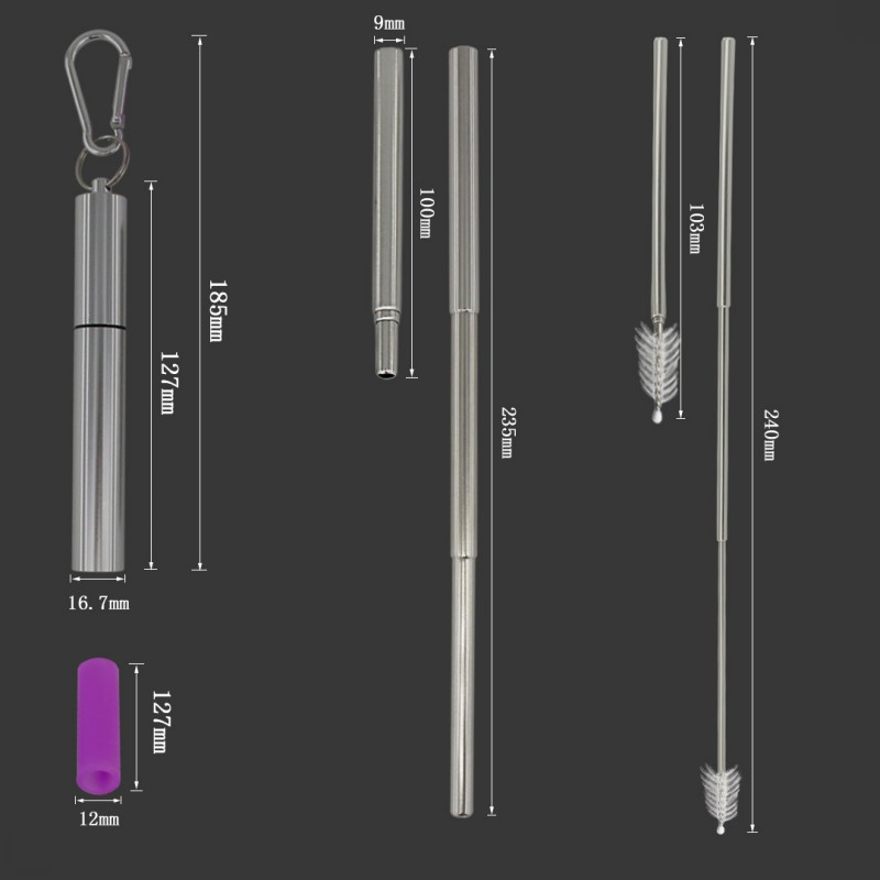 2019 New Arrival Eco Friendly Portable Reusable Collapsible Metal Stainless Steel Drinking Telescopic Straw with Brush Case