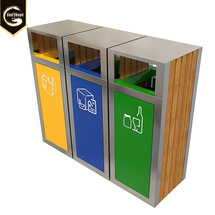 Large Custom Made Wood Like Triple Dustbin Street Recycling Outdoor Stainless Steel Office Garbage Metal Trash Can