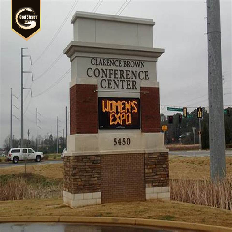 Freestanding custom outdoor stone m pole monument pylon signs