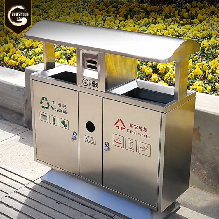 Manufacturer 201 stainless steel metal trash can rubbish bin outdoor use 2 double wast container