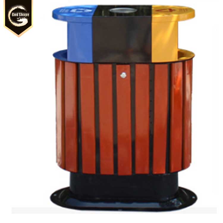 Metal wood finished galvanized steel trash can waste container rubbish bin double outdoor dustbin
