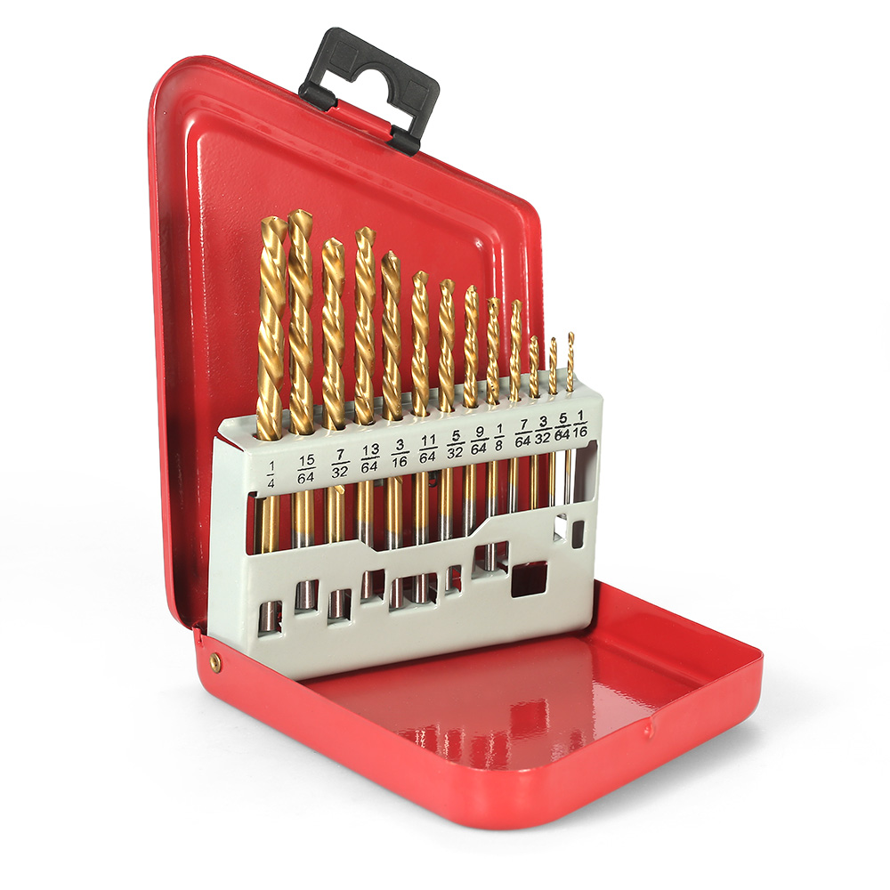 13pcs Drill Bit Boor Set Left Handed Drill Bit Set M2 HSS with Titanium Nitride Coating (1/16 - 1/4) for Power Tools