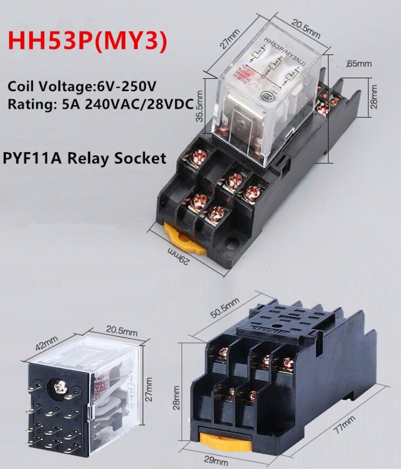 5A Electromagnetic Minirature 11 Pin Relay 24VDC Electrical Power AC Relay HH53P/MY3