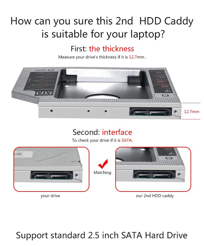 Aluminum Factory New Universal SATA 2nd HDD Caddy 12.7mm 2.5 Hard Disk Drive Enclosure SSD Case for Laptop DVD/CD-ROM Optibay