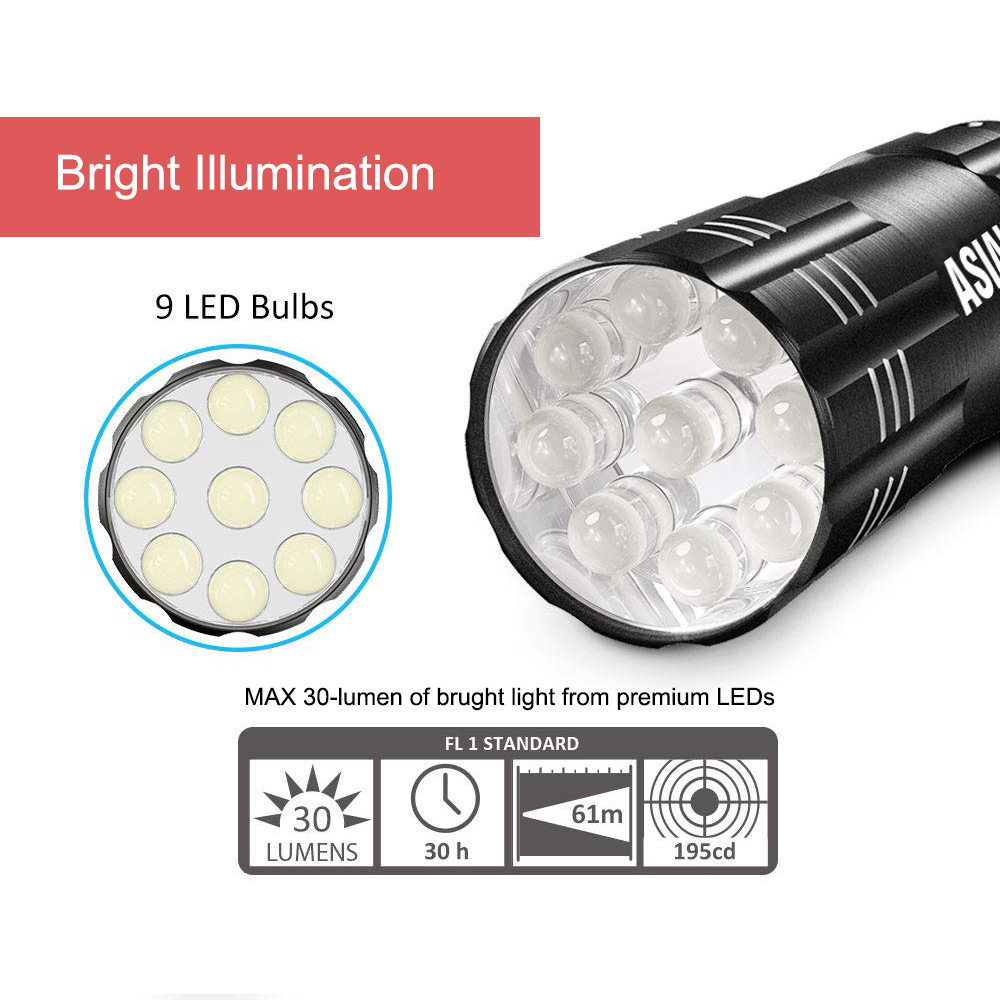 9 LEDs Mini AAA Aluminum Flashlights Super Bright Handheld Torch Assorted Colors Batteries Included