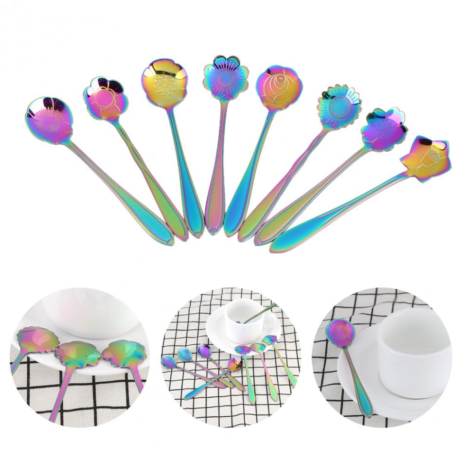 8Pcs Stainless Steel Rainbow/Black Long Handled Coffee Spoons Mixing Spoons Set Cold Drink Fruit Ice Cream Dessert Tea Spoon