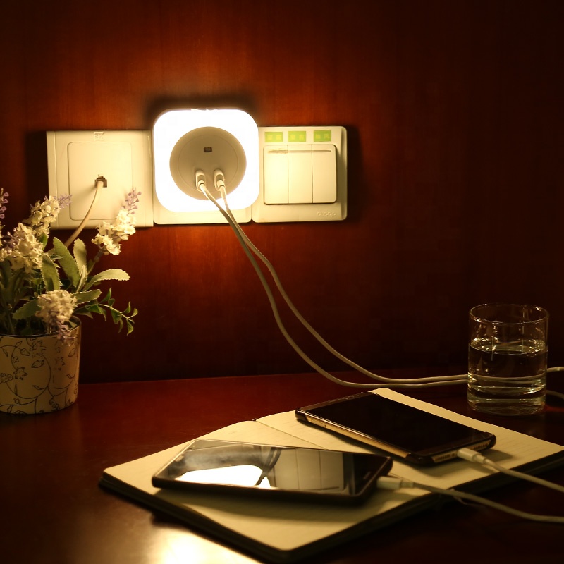 LED Sensor Double USB Charger Charging Port Connector Small Wall Socket LED Night Light