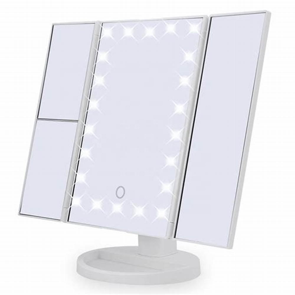 Dimmable Touch Sensor Trifold 21 LED Lighted Vanity Makeup Mirror with 1x/2x/3x Magnification 180 Degree Adjustable