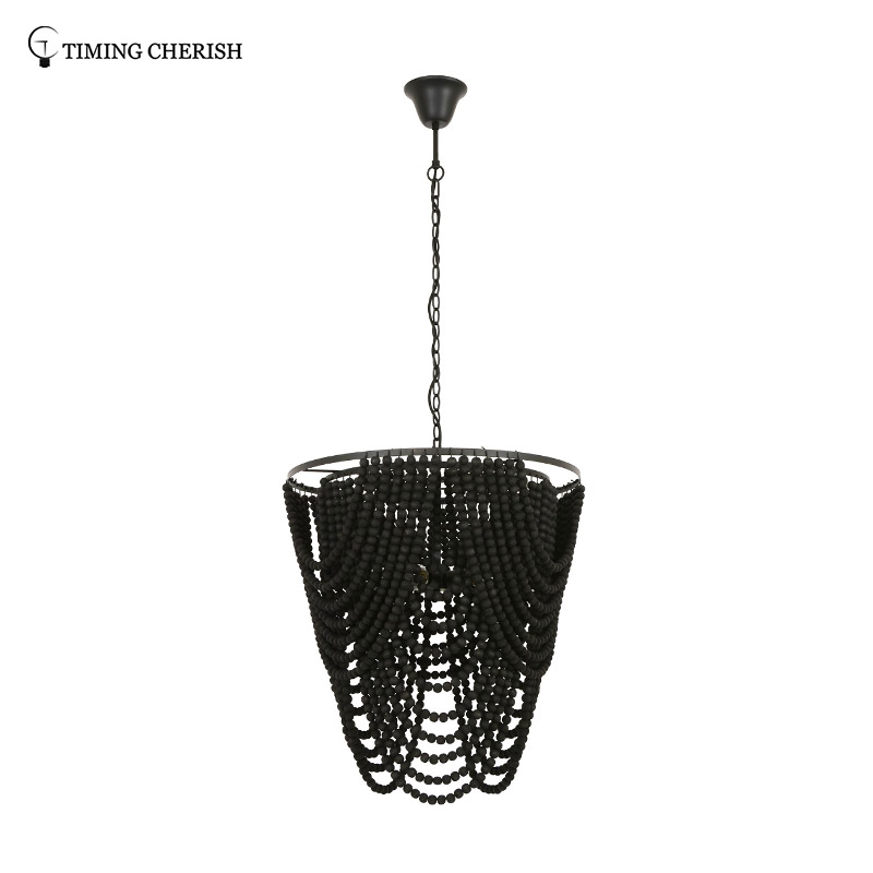 Baikal D650MM 5 Light Wood Draped Beads Pendant Chandelier in Black / White Wash