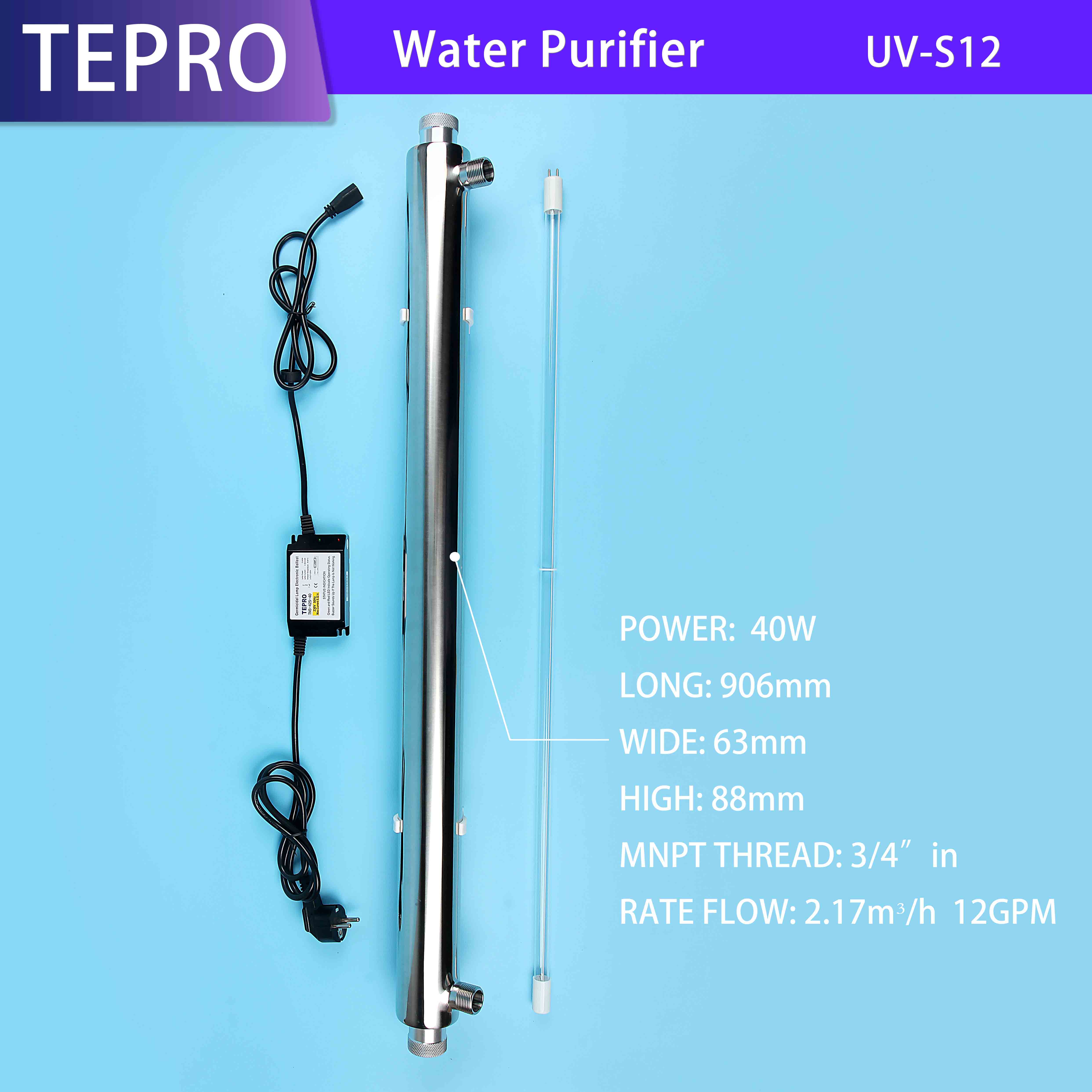 Wavelength 253.7nm  40W  12GPM UV-S12