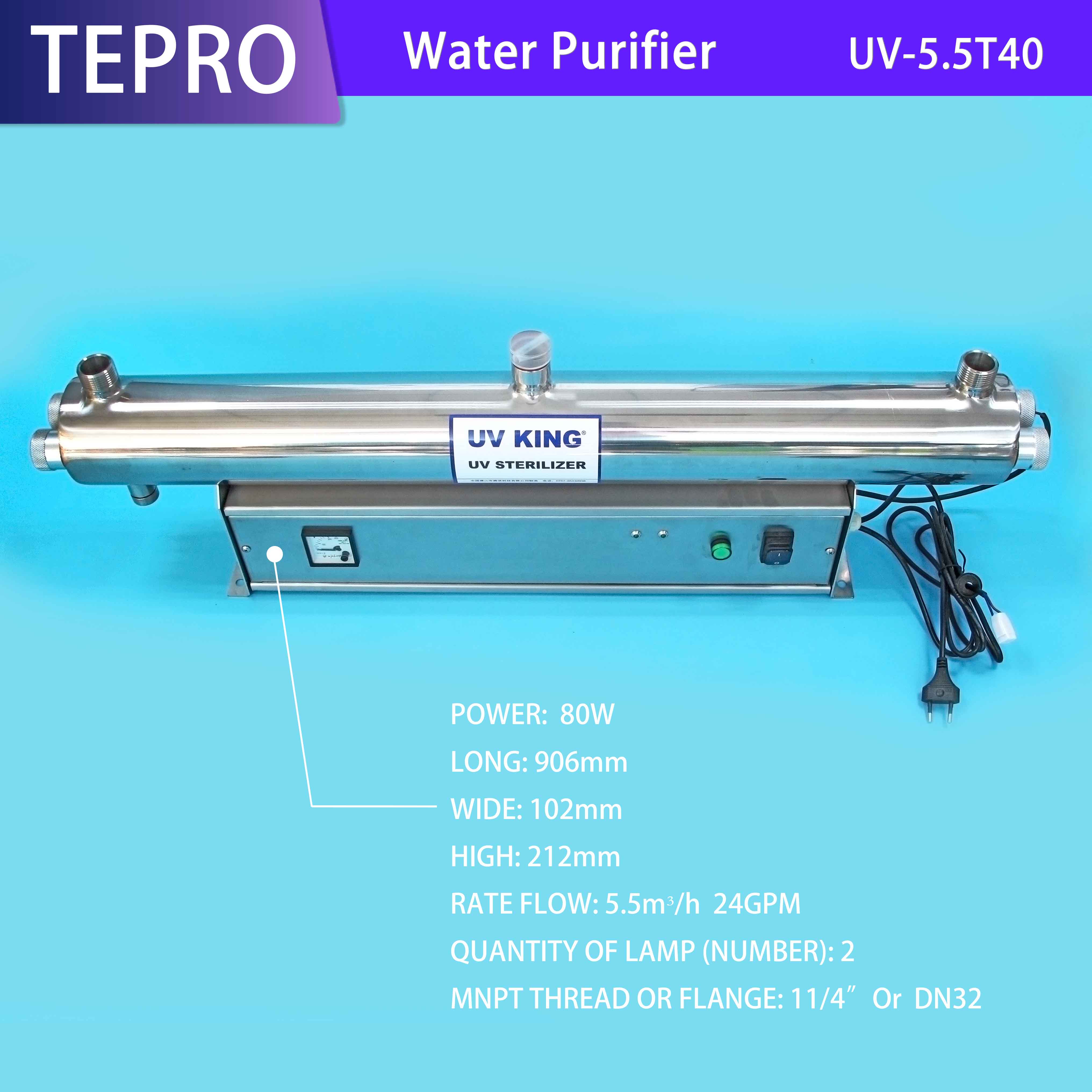 Water Disinfection Ultraviolet UV Sterilizer 24GPM 5.5M3/h UV-5.5T40