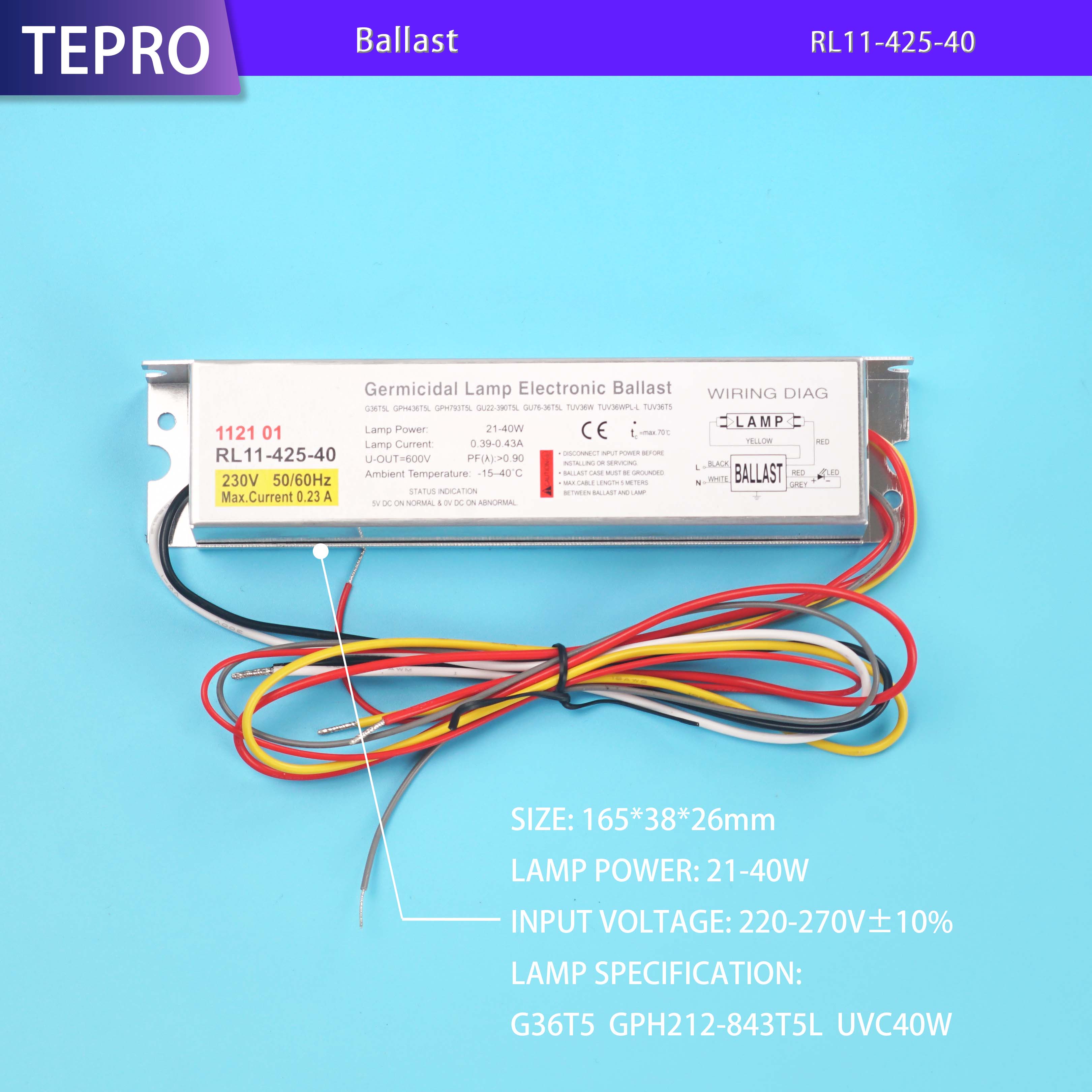 Electronic Driver UVC Lamp Ballast 425mA 40W RL11-425-40
