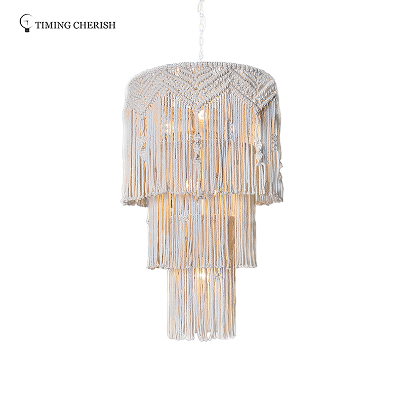 Eva Large 8 Light H1150MM Handmade 3-Tier Cotton Macramé Fringed Pendant Chandelier